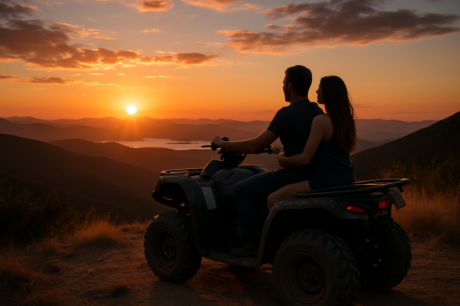 Couple enjoying scenic sunset on ATV adventure